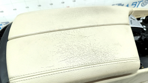 Central console armrest BMW 5 F10 11-16 beige, 2-zone climate control, broken deflector, cracks in leather, leather peeling, needs dry cleaning, broken fasteners