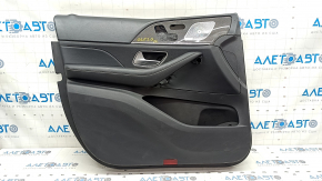 Door trim card front left Mercedes W167 GLE 350 450 20-23 leather black, insert glossy gray, Burmester, without curtain, without plugs, leather tears, scratches