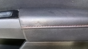 Door trim card front right Ford Fusion mk5 13-16 black with black insert cloth, armrest leather, molding gray gloss, red stitching, dent, scuff, bump, scratches