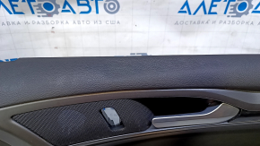 Door trim card front right Ford Fusion mk5 13-16 black with black insert cloth, armrest leather, molding gray gloss, red stitching, dent, scuff, bump, scratches