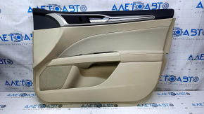 Door trim card front right Ford Fusion mk5 13-16 beige with beige insert cloth, armrest leather, molding gray structure, scratches, dents, whitened plastic