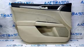Door trim card front left Ford Fusion mk5 13-16 beige with beige insert cloth, armrest leather, molding gray structure, whitened plastic, dents, bumps, abrasions, for cleaning