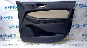 Door trim card front right Ford Edge 15-18 black leather, leather armrest, with beige fabric insert, nicks, bumps, scratches, needs cleaning