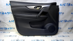 Door trim card front left Nissan Rogue 17-20 black with black insert plastic, armrest leather, molding black gloss, dent, scratches, abrasions