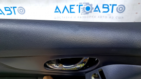 Door trim card front left Nissan Rogue 17-20 black with black insert plastic, armrest leather, molding black gloss, dent, scratches, abrasions