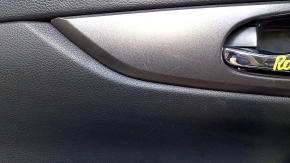 Door trim card front left Nissan Rogue 17-20 black with black insert plastic, armrest leather, molding black gloss, dent, scratches, abrasions