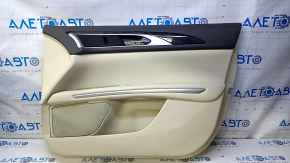 Door trim card front right Lincoln MKZ 13-16 beige leather, armrest leather, insert wood gloss, bumps, scratches, without overlay, cracks, broken fastening