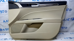Door trim card front right Ford Fusion mk5 13-16 beige with beige insert leather, armrest leather, molding under wood gloss, pokes, dent, scratches, whitened plastic