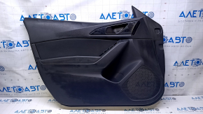 Door trim card front left Mazda 3 14-18 BM black with black insert cloth, armrest leather, broken fastening, pokes, scratches, abrasions