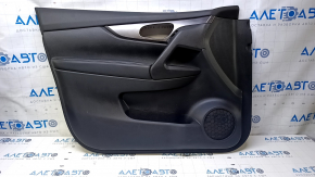 Door trim card front left Nissan Rogue Sport 17-19 black with black insert leather, armrest black leather, molding gray structure, broken handles, dent, scratches