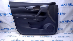Door trim card front left Nissan Rogue 14-20 black with black insert plastic, armrest leather, molding carbon glossy, dents, scuffs, scratches, bumps