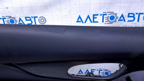 Door trim card front left Nissan Rogue 14-20 black with black insert plastic, armrest leather, molding carbon glossy, dents, scuffs, scratches, bumps