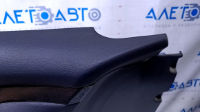 Door trim card front left Nissan Rogue 14-20 black with black insert plastic, armrest leather, molding carbon glossy, dents, scuffs, scratches, bumps