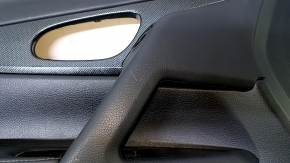 Door trim card front left Nissan Rogue 14-20 black with black insert plastic, armrest leather, molding carbon glossy, dents, scuffs, scratches, bumps
