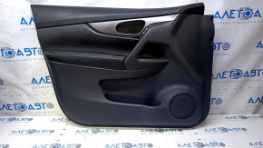 Door trim card front left Nissan Rogue 14-20 black with black insert plastic, armrest leather, molding gray structure, dents, scratches