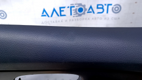 Door trim card front left Nissan Rogue 14-20 black with black insert plastic, armrest leather, molding gray structure, dents, scratches