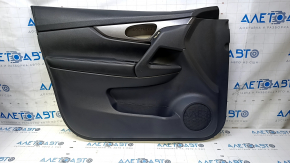 Door trim card front left Nissan Rogue 14-20 black with black insert plastic, armrest leather, molding gray structure, dents, bumps, scratches