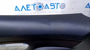Door trim card front left Nissan Rogue 14-20 black with black insert plastic, armrest leather, molding gray structure, dents, bumps, scratches