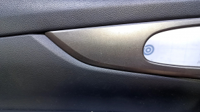 Door trim card front left Nissan Rogue 14-20 black with black insert plastic, armrest leather, molding gray structure, dents, bumps, scratches