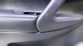 Door trim card front left Nissan Rogue 14-20 black with black insert plastic, armrest leather, molding gray structure, dents, bumps, scratches