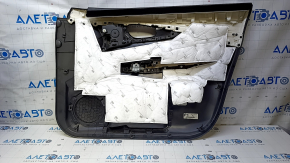 Door trim card front left Nissan Rogue 14-20 black with black insert plastic, armrest leather, molding gray structure, dents, bumps, scratches
