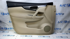 Door trim card front left Nissan Rogue 14-20 beige with beige insert plastic, armrest beige leather, molding gray structure, dent, scratches, whitened plastic