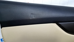 Door trim card front left Nissan Rogue 14-20 beige with beige insert plastic, armrest beige leather, molding gray structure, dent, scratches, whitened plastic
