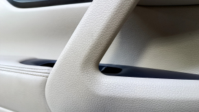 Door trim card front left Nissan Rogue 14-20 beige with beige insert plastic, armrest beige leather, molding gray structure, dent, scratches, whitened plastic