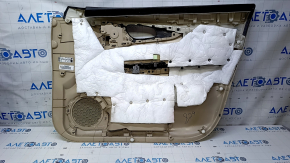 Door trim card front left Nissan Rogue 14-20 beige with beige insert plastic, armrest beige leather, molding gray structure, dent, scratches, whitened plastic