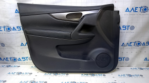 Door trim card front left Nissan Rogue 14-20 black with black insert plastic, armrest leather, molding gray structure, dents, abrasions, scuffs, scratches