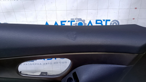Door trim card front left Nissan Rogue 14-20 black with black insert plastic, armrest leather, molding gray structure, dents, abrasions, scuffs, scratches