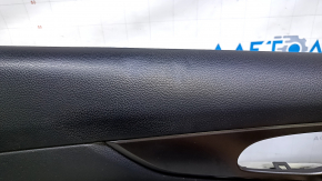 Door trim card front left Nissan Rogue 14-20 black with black insert plastic, armrest leather, molding gray structure, dents, abrasions, scuffs, scratches