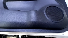 Door trim card front left Nissan Rogue 14-20 black with black insert plastic, armrest leather, molding gray structure, dents, abrasions, scuffs, scratches