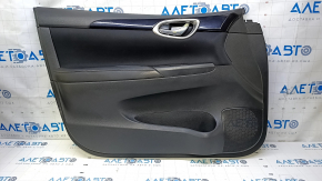 Door trim card front left Nissan Sentra 13-19 black leather, black insert cloth, armrest black leather, molding black gloss, scratches, abrasions, dent