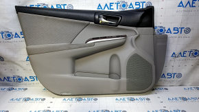 Door trim card front left Toyota Camry v50 12-14 usa gray with gray insert, armrest gray cloth, overlay in wood color, scratches, scuffs, abrasions, dents, for cleaning