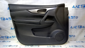 Door trim card front left Nissan Rogue 14-20 black with black insert plastic, armrest leather, molding gray structure, bumps, scratches, missing fastener