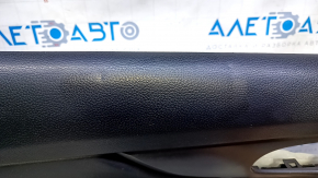 Door trim card front left Nissan Rogue 14-20 black with black insert plastic, armrest leather, molding gray structure, bumps, scratches, missing fastener