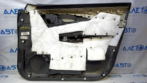 Door trim card front left Nissan Rogue 14-20 black with black insert plastic, armrest leather, molding gray structure, bumps, scratches, missing fastener
