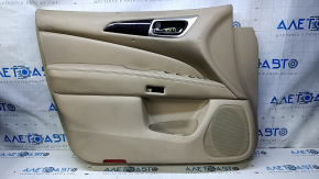 Door trim card front left Nissan Pathfinder 13-20 beige leather with beige insert, armrest beige leather, molding wood gloss, under seat memory, scratches, cuts, dents, pokes, whitened plastic