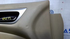 Door trim card front left Nissan Pathfinder 13-20 beige leather with beige insert, armrest beige leather, molding wood gloss, under seat memory, scratches, cuts, dents, pokes, whitened plastic