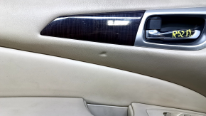 Door trim card front left Nissan Pathfinder 13-20 beige leather with beige insert, armrest beige leather, molding wood gloss, under seat memory, scratches, cuts, dents, pokes, whitened plastic
