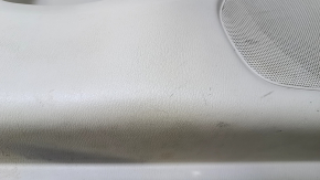Door trim card front left Nissan Pathfinder 13-20 beige leather with beige insert, armrest beige leather, molding wood gloss, under seat memory, scratches, cuts, dents, pokes, whitened plastic