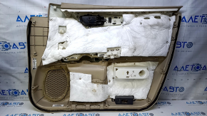 Door trim card front left Nissan Pathfinder 13-20 beige leather with beige insert, armrest beige leather, molding wood gloss, under seat memory, scratches, cuts, dents, pokes, whitened plastic