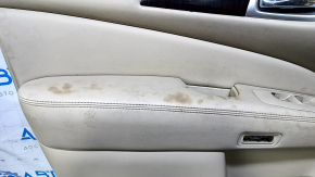 Door trim card front left Nissan Pathfinder 13-20 beige leather with beige insert, beige leather armrest, glossy wood molding, for seat memory, scratches, dents, whitened plastic, for dry cleaning