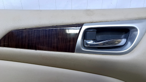 Door trim card front left Nissan Pathfinder 13-20 beige leather with beige insert, beige leather armrest, glossy wood molding, for seat memory, scratches, dents, whitened plastic, for dry cleaning
