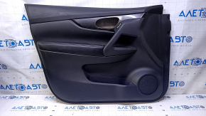 Door trim card front left Nissan Rogue 14-20 black with black insert plastic, armrest leather, molding carbon glossy, scuffs, scratches, bumps