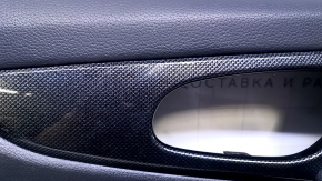Door trim card front left Nissan Rogue 14-20 black with black insert plastic, armrest leather, molding carbon glossy, scuffs, scratches, bumps