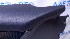 Door trim card front left Nissan Rogue 14-20 black with black insert plastic, armrest leather, molding carbon glossy, scuffs, scratches, bumps