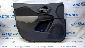 Door trim card front left Jeep Cherokee KL 14-18 black with black insert leather, armrest gray leather, molding under the tree, dents, pokes, scuffs, scratches