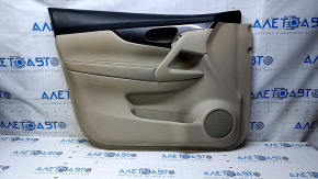Door trim card front left Nissan Rogue 14-20 beige with beige insert plastic, armrest beige leather, molding carbon glossy, dent, scratches, whitened plastic